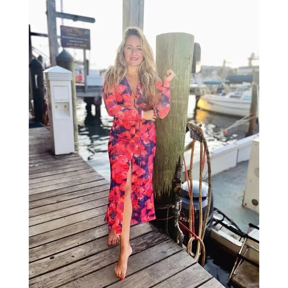 Louna Pink Blue Floral Cutout Midi Dress – Size M - Picture 2 of 16